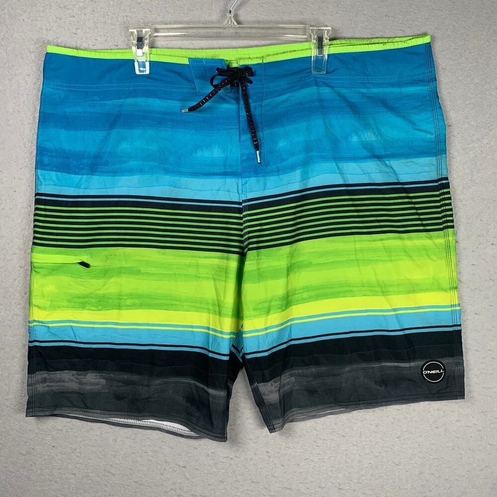 O'Neill Hyperfreak Mens 44 Board Shorts Blue Green Striped Swim Trunks Summer